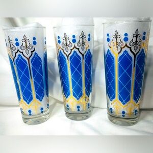 Set of 3 Vintage Anchor Hocking Blue 22K Gold MCM Tumblers‎ Fleur-de-lis Barware